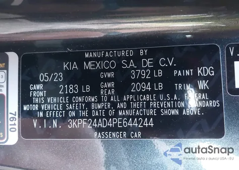 2023 Kia Forte Lxs z USA, uszkodzony, nr VIN 3KPF24AD4PE644244